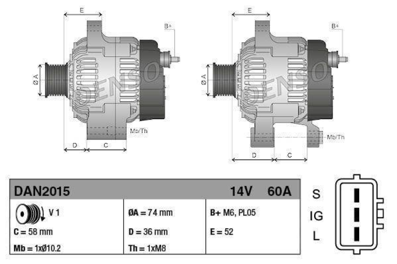 DENSO DAN2015 Generator G3B 14V 60A; DENSO OE-Nr: 101211-8871; TOYOTA INDUSTRIES