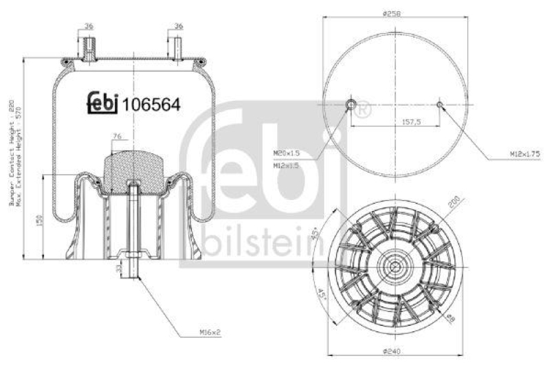 FEBI BILSTEIN 106564 Luftfederbalg mit Kunststoffkolben und Kolbenstange für Sauer