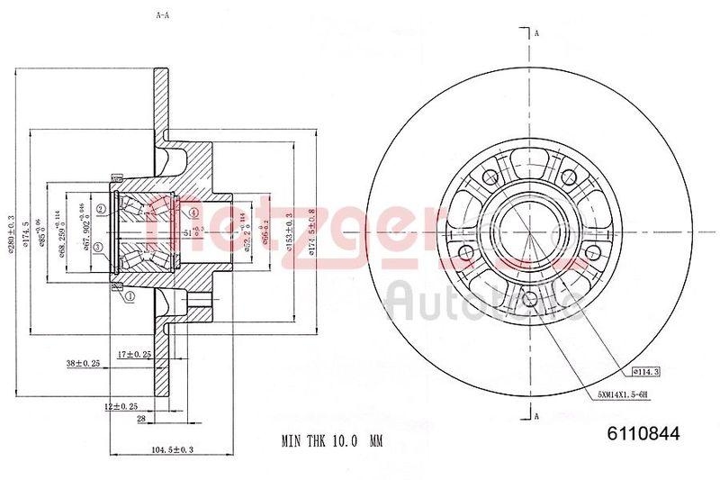 METZGER 6110844 Bremsscheibe Lack/Ks Mit Radlager für FIAT/NISSAN/OPEL/RENAULT HA