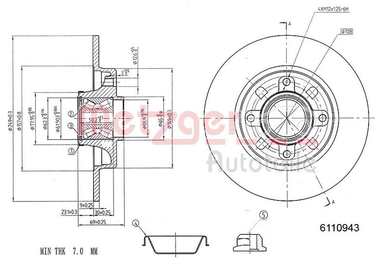 METZGER 6110943 Bremsscheibe Lack/Ks Mit Radlager für CITROEN/PEUGEOT HA