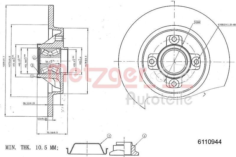 METZGER 6110944 Bremsscheibe Lack/Ks Mit Radlager f&uuml;r CITROEN/PEUGEOT HA