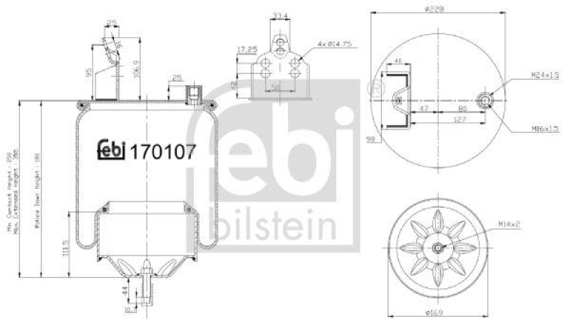 FEBI BILSTEIN 170107 Luftfederbalg mit Stahlkolben und Kolbenstange für Volvo