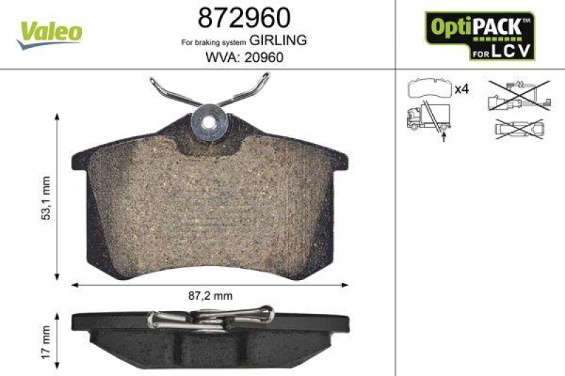 VALEO 872960 LCV Bremsbelagsatz