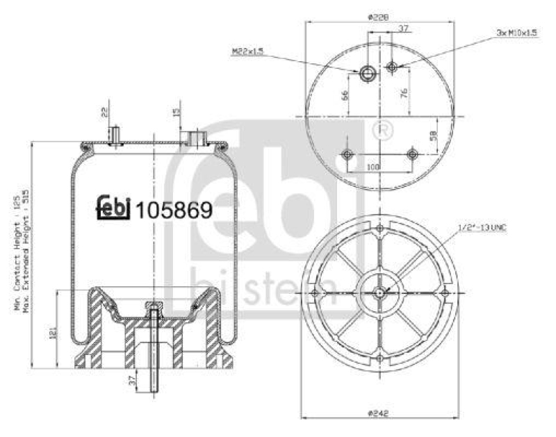 FEBI BILSTEIN 105869 Luftfederbalg für Liftachse, mit Kunststoffkolben für DAF