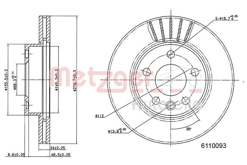 METZGER 6110093 Bremsscheibe Lack/Ks f&uuml;r VW VA