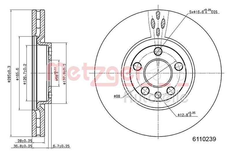 METZGER 6110239 Bremsscheibe Lack/Ks für CITROEN/FIAT/LANCIA/PEUGEOT VA