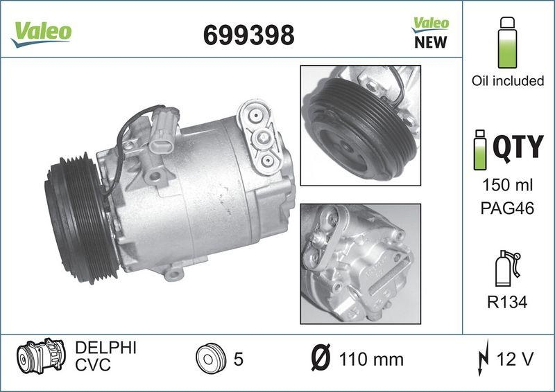 VALEO 699398 Kompressor OPEL ASTRA G, Corsa C