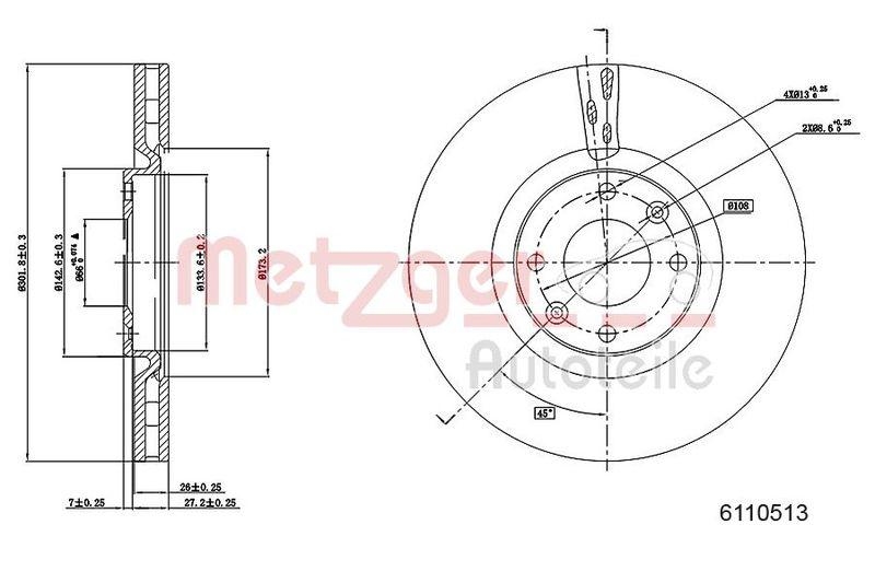 METZGER 6110513 Bremsscheibe Lack/Ks für PEUGEOT VA