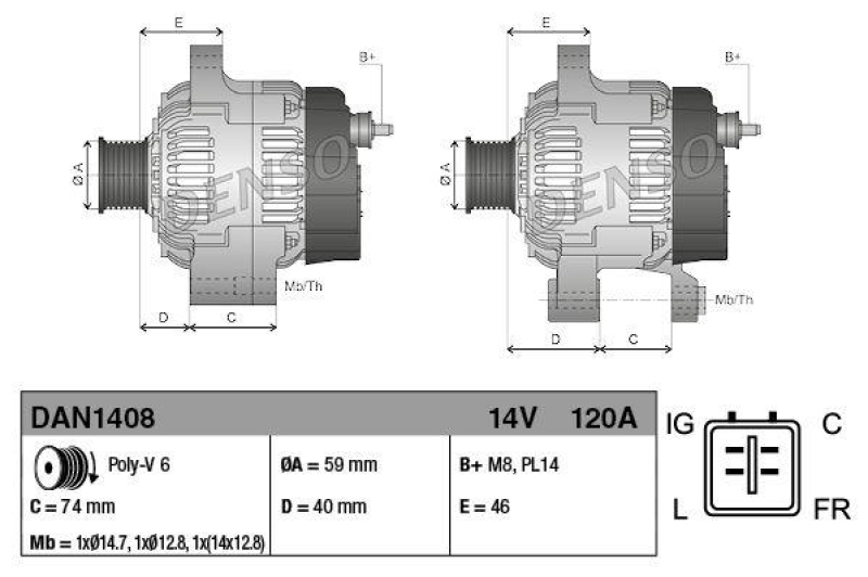 DENSO DAN1408 Generator JAGUAR S-TYPE (X200) 3.0 V6 (02-07)