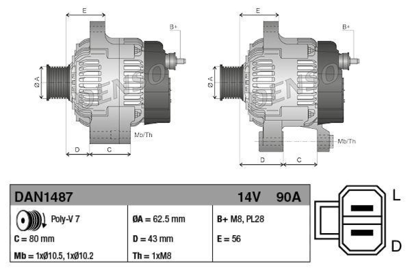 DENSO DAN1487 Generator ISUZU D-MAX II (TFR, TFS) 2.5 CRDi 4x4 (12- )