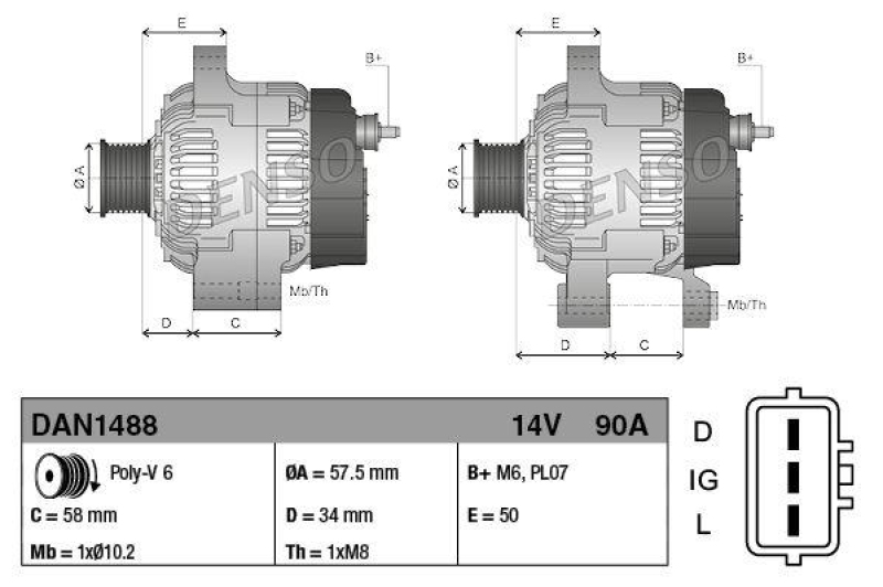 DENSO DAN1488 Generator OPEL MONTEREY B (M98) 3.5 V6 24V (98-99)