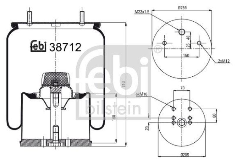 FEBI BILSTEIN 38712 Luftfederbalg mit Befestigungsschrauben für Bergische Achsen