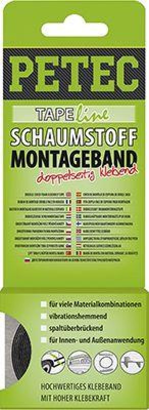 PETEC 87122 Klebeband Schaumstoff-Montageband schwarz 2m x 12mm x 1mm