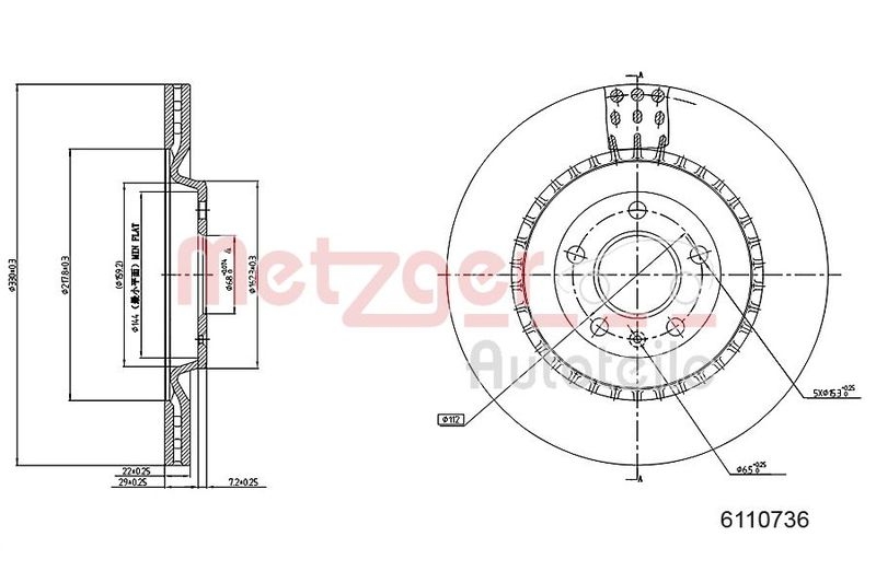 METZGER 6110736 Bremsscheibe Lack/Ks/Ms/Hc für AUDI/PORSCHE HA