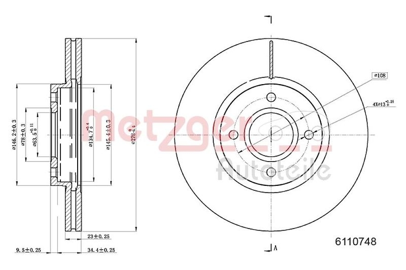 METZGER 6110748 Bremsscheibe Lack/Ks für FORD VA