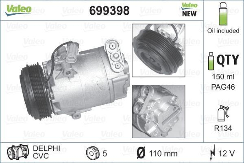 VALEO 699398 Kompressor OPEL ASTRA G, Corsa C