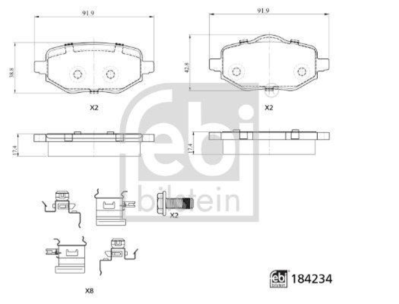 FEBI BILSTEIN 184234 Bremsbelagsatz mit Befestigungsmaterial für Peugeot