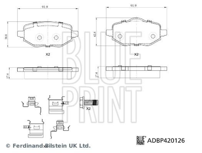 BLUE PRINT ADBP420126 Bremsbelagsatz mit Befestigungsmaterial für Peugeot