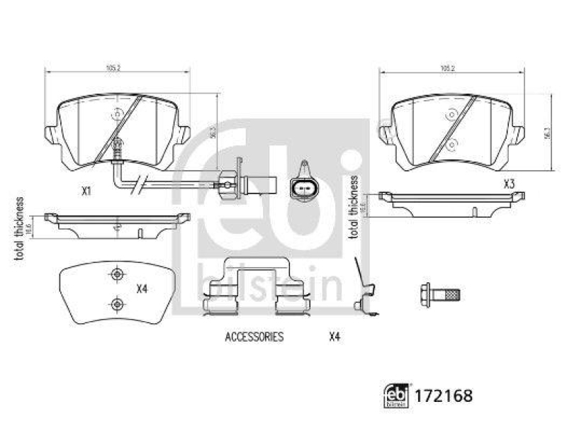 FEBI BILSTEIN 172168 Bremsbelagsatz mit Befestigungsmaterial für VW-Audi