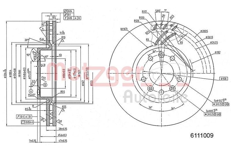 METZGER 6111009 Bremsscheibe Lack/Ks für CITROEN/OPEL/PEUGEOT VA links/rechts