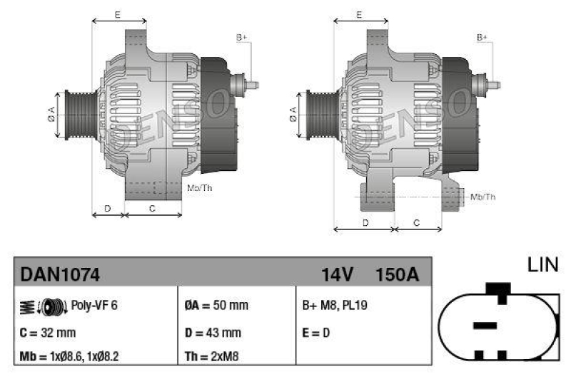 DENSO DAN1074 Generator FORD Focus III /C-MAX EcoBoost 1.0 (2012 - )