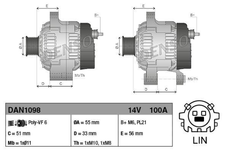 DENSO DAN1098 Generator TOYOTA AURIS (12-) 1.6