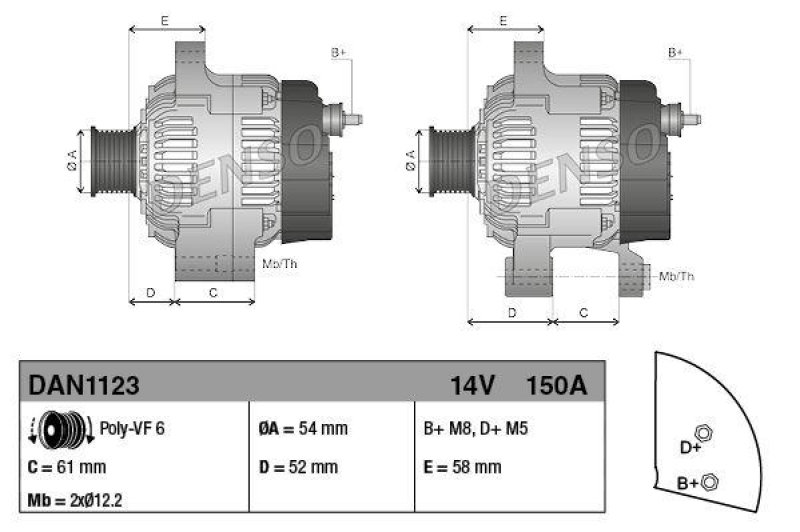 DENSO DAN1123 Generator ALFA ROMEO GIULIETTA (10-) & FIAT DOBLO (10-)