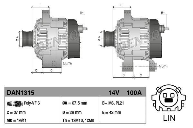 DENSO DAN1315 Generator TOYOTA Yaris 1.0 (Bj: 2011 - )