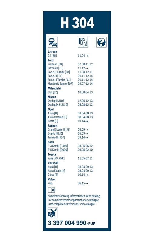 B-Ware BOSCH 3 397 004 990 Wischblatt H304 Scheibenwischer 300 mm hinten
