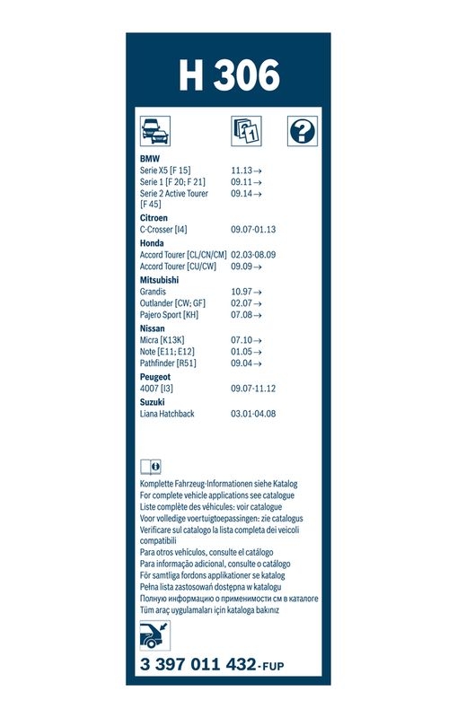 B-Ware BOSCH 3 397 011 432 Wischblatt H306 Scheibenwischer 300 mm hinten