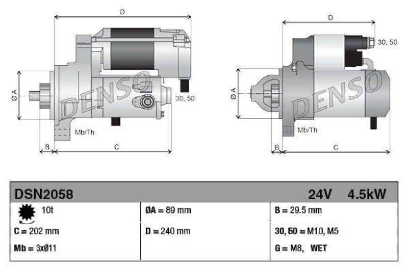 DENSO DSN2058 Starter R 24V 4.5kW; DENSO OE-Nr: 428000-1120; PERKINS; CATERPILLAR OE-Nr: 2873K406; 225-3150