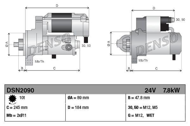 DENSO DSN2090 Starter PA90 24V 7.8kW; DENSO OE-Nr: 428000-7120; CUMMINS OE-Nr: 4996709