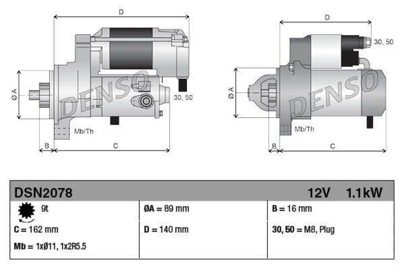 DENSO DSN2078 Starter P 12V 1.1kW; DENSO OE-Nr: 228000-7472; YANMAR OE-Nr: 119626-77011; 119626-77010