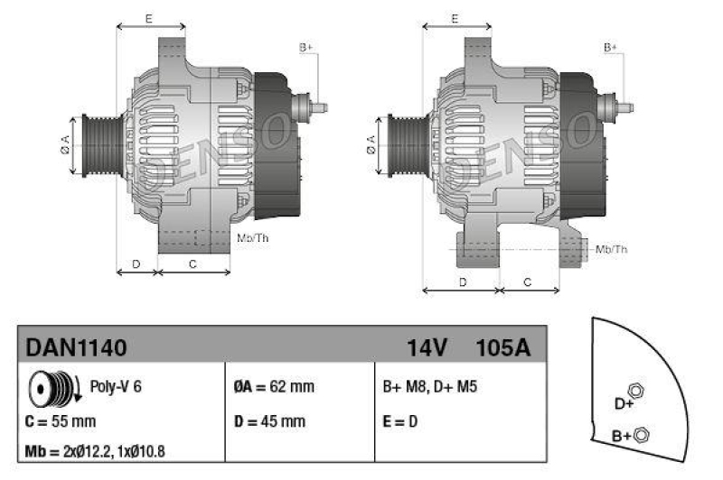 DENSO DAN1140 Generator FIAT Bravo 1.9JTD (98 - 01)