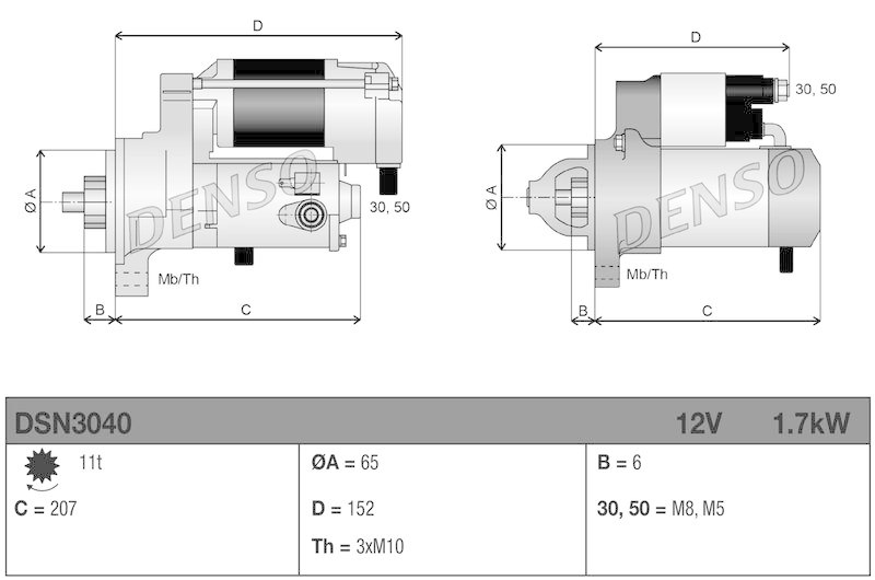 DENSO DSN3040 Starter PEUGEOT 206 CC (2D) 1.6 16V (2DNFUF, 2DNFUR) (00-07)