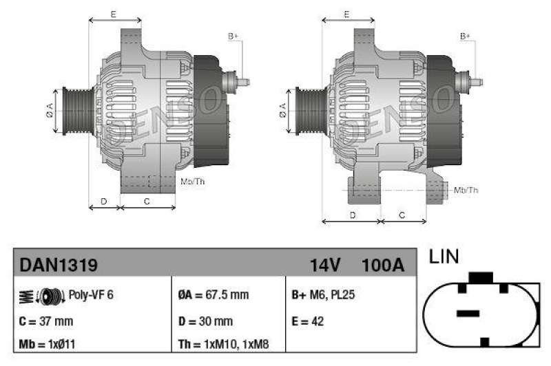 DENSO DAN1319 Generator TOYOTA AYGO (_B4_) 1.0 (14-)