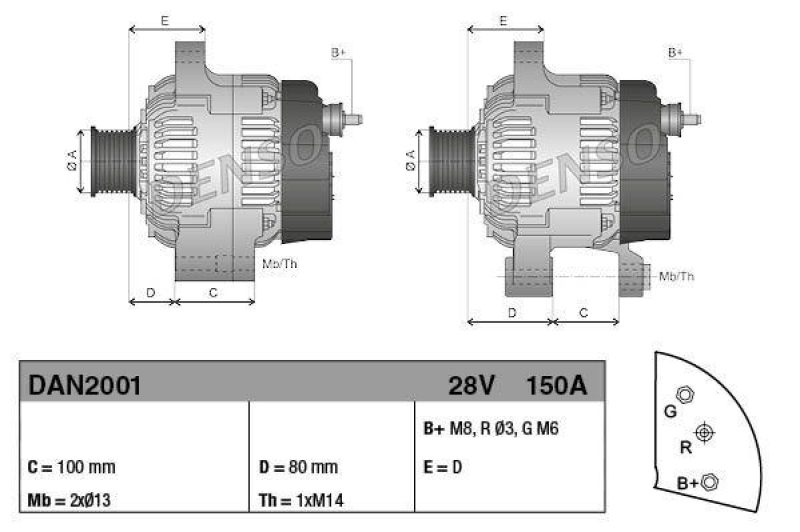 DENSO DAN2001 Generator SC B/L 28V 150A