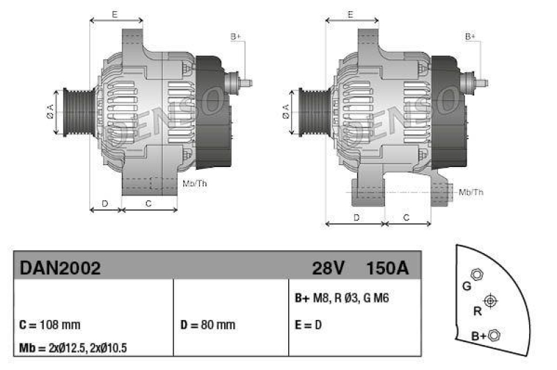 DENSO DAN2002 Generator SC B/L 28V 150A