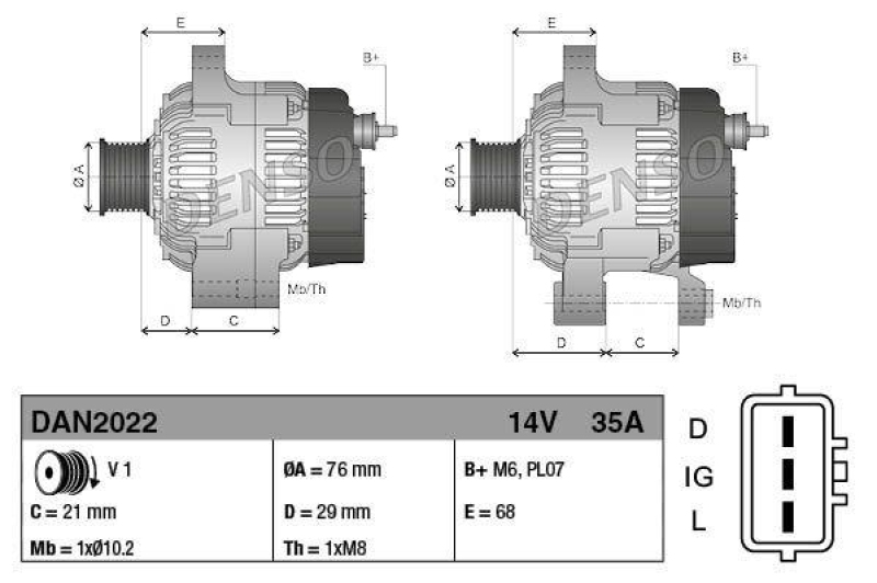 DENSO DAN2022 Generator F3A 14V 35A; DENSO OE-Nr: 101211-1250; KOMATSU OE-Nr: 60086-11350