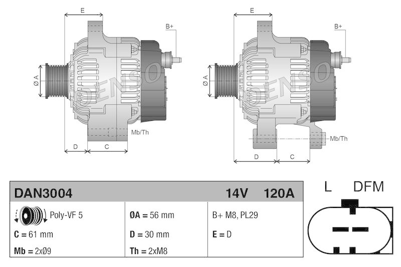 DENSO DAN3004 Generator VW PASSAT B5.5 Variant (3B6) 1.9 TDI (00-05)