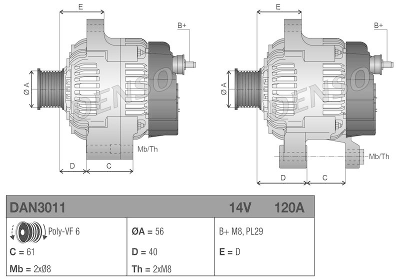 DENSO DAN3011 Generator AUDI A3 (8L1) 1.6 (96-03)