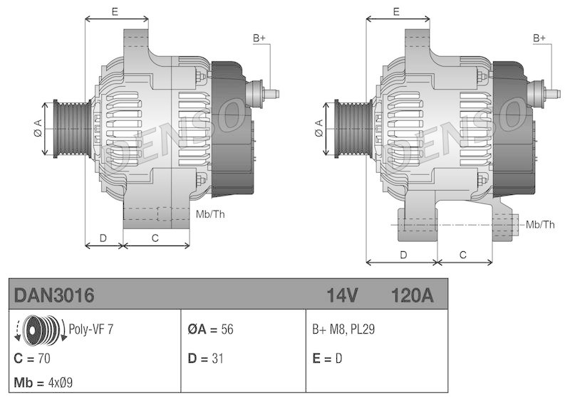 DENSO DAN3016 Generator MERCEDES-BENZ C-CLASS (W203) C 180 Kompressor (203._46) (02-07)