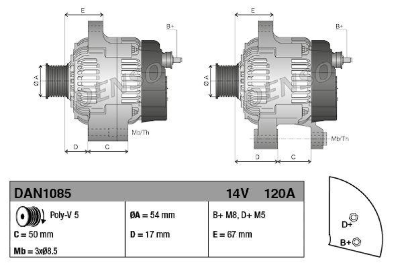 DENSO DAN1085 Generator ALFA ROMEO MITO (2010 - ) & FIAT PUNTO (05-)