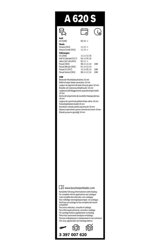 B-Ware BOSCH 3 397 007 620 Wischblatt A620S Aerotwin Scheibenwischer 600/475 mm vorne