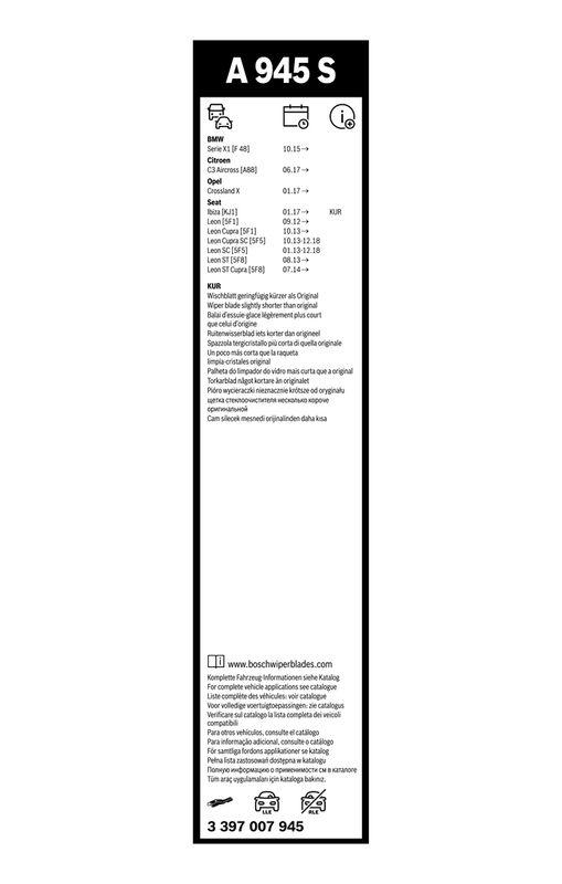 B-Ware BOSCH 3 397 007 945 Wischblatt A945S Aerotwin Scheibenwischer 650/400 mm vorne