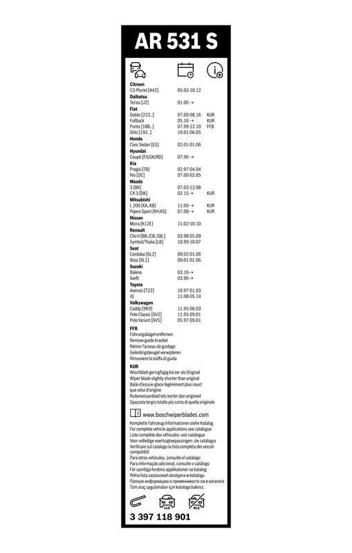 BOSCH 3 397 118 901 Wischblatt AR531S Aerotwin Retrofit Scheibenwischer 530/450 mm