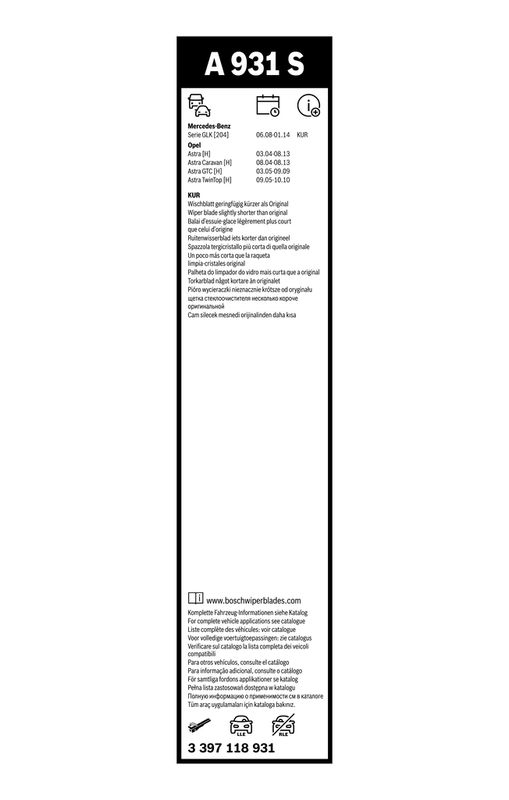 BOSCH 3 397 118 931 Wischblatt A931S Aerotwin Scheibenwischer 550/450 mm