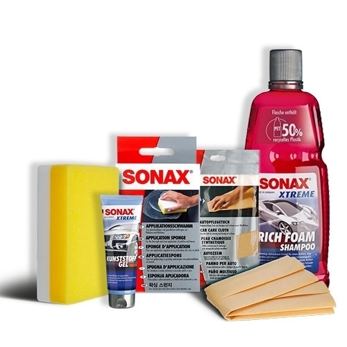 SONAX Kunststoffpflege Set außen (Shampoo, Pflegetuch, Kunststoffgel, Schwamm)