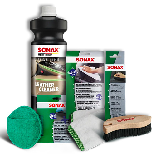 SONAX Lederpflegeset (Cleaner, Bürste, Microfasertuch, Pflegepad)