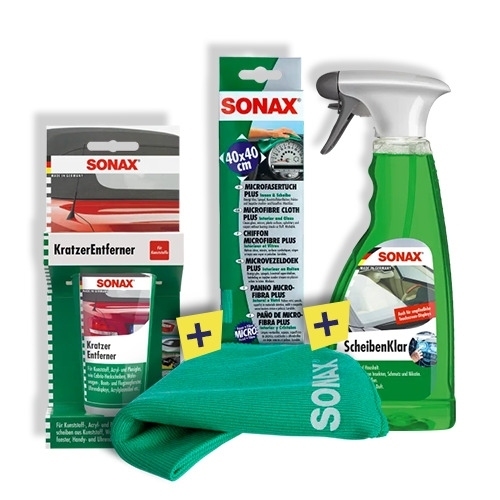 SONAX Scheiben Kratzer Set innen (Kratzerentferner, Microfasertuch, Scheibenklar)